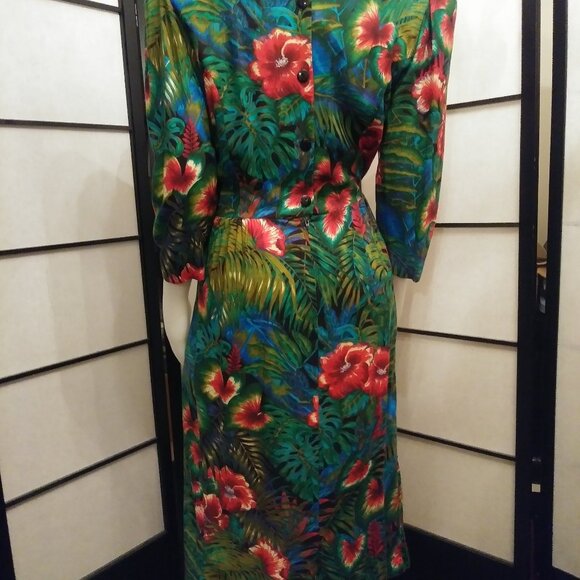 80's Tropical Flowers and Foliage Dress by E.D. Michaels - Picture 2 of 6